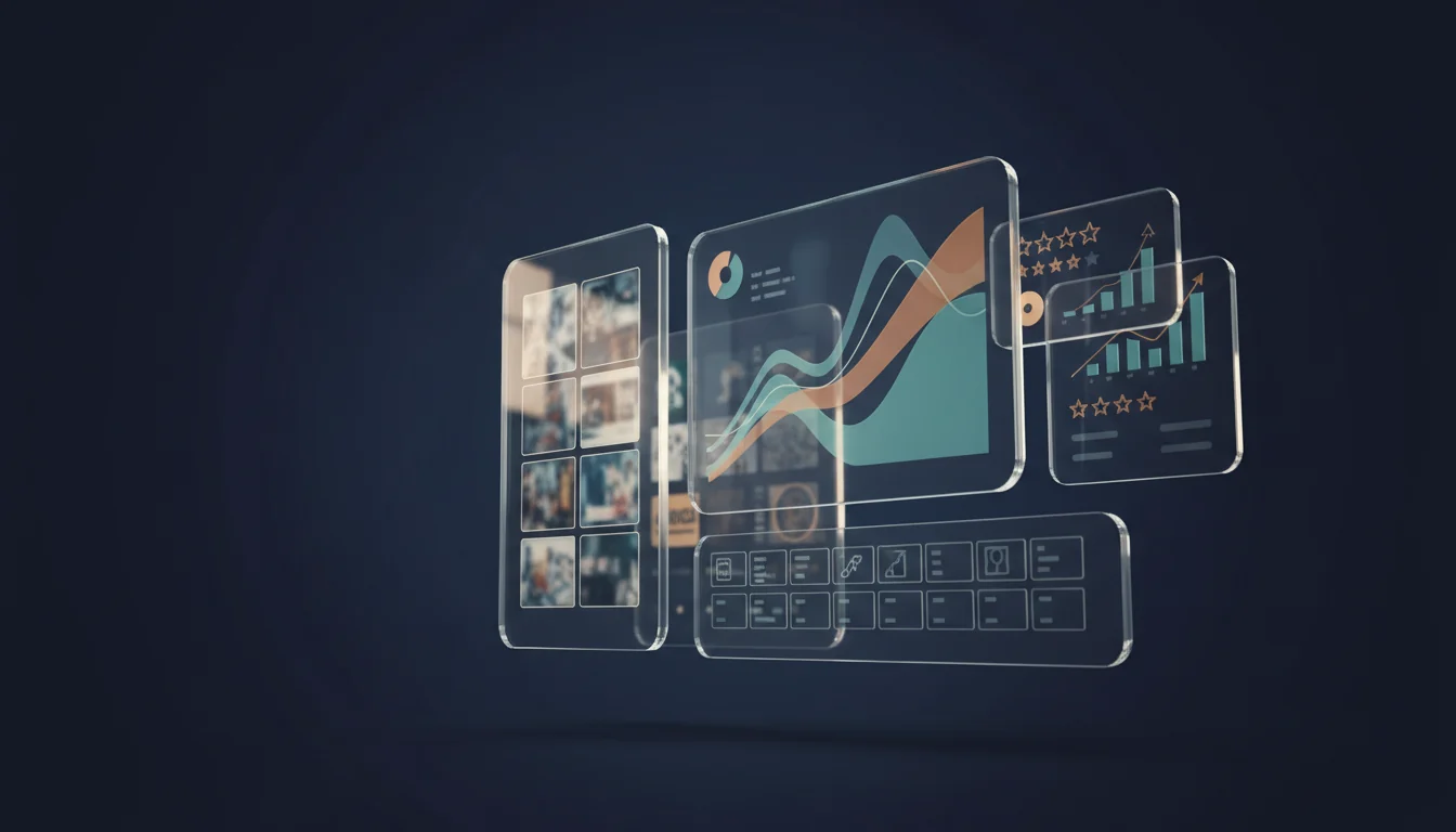 Abstract digital presence command center with website, Google, content, and analytics panels
